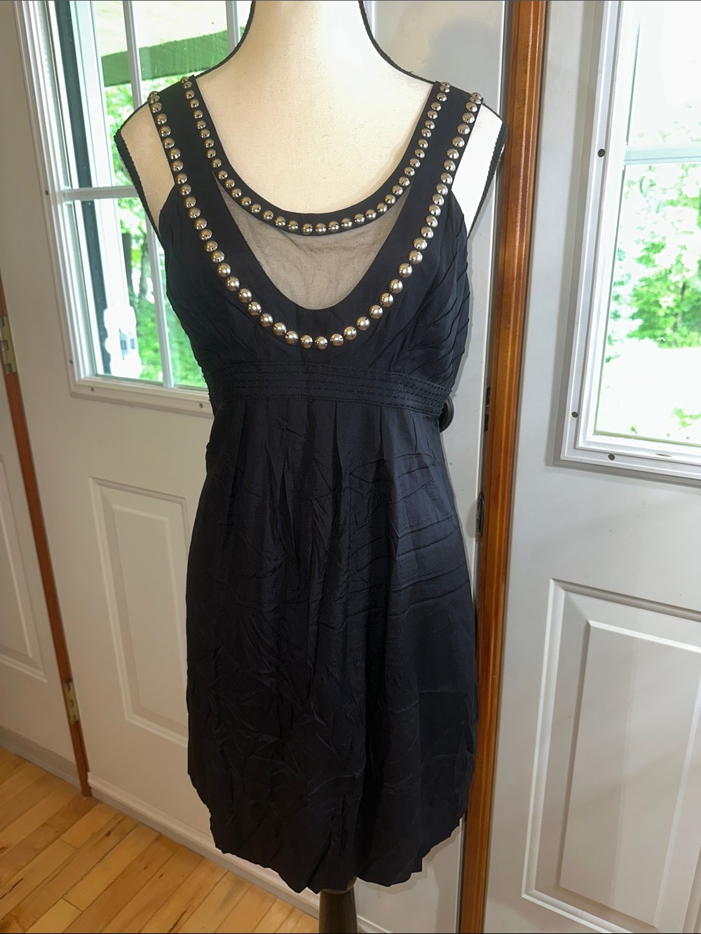 NWOT Marciano Black Silk Mini Dress with Metallic Bead Trim